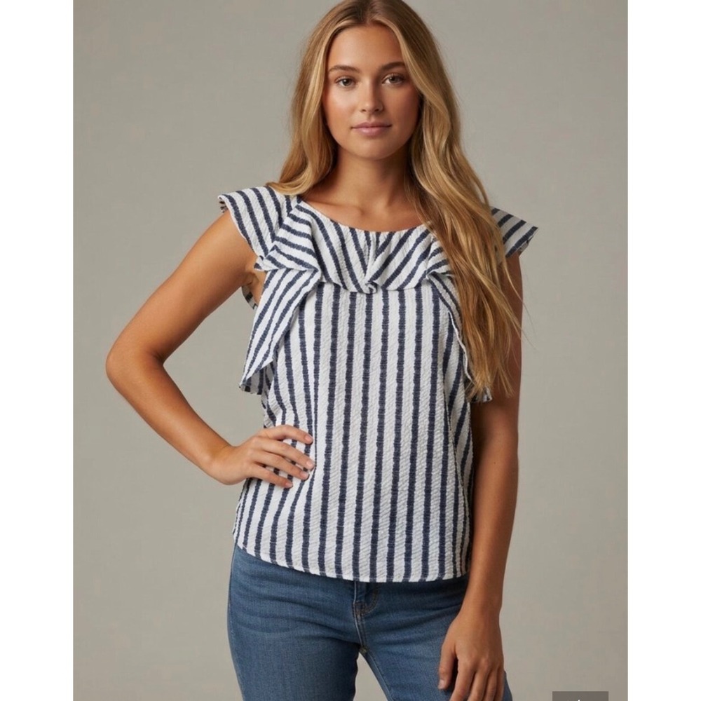 Eva Franco Ruffle Bow Back Top Womens Large Navy White Striped Bow Back